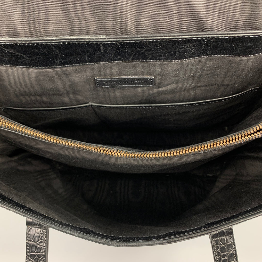 DRIES VAN NOTEN Black & Tan Alligator Embossed Leather Handbag