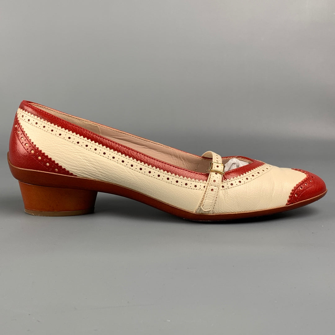 Vintage SALVATORE FERRAGAMO Size 7.5 Red & White Leather Perforated Mary Jane Flats