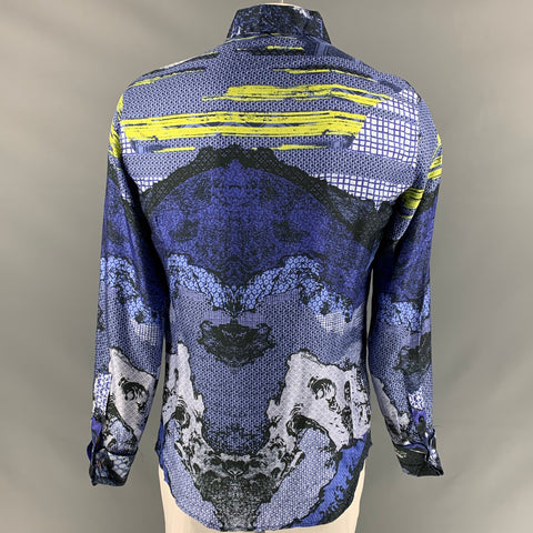 JUST CAVALLI Size L Navy & Yellow Print Silk French Cuff Long Sleeve Shirt