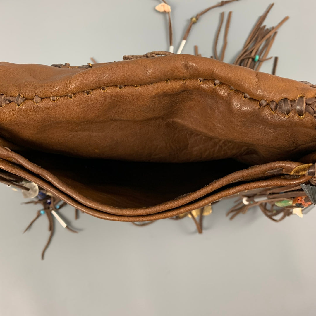 VINTAGE Brown Beaded Leather Turquoise Cross Body Handbag