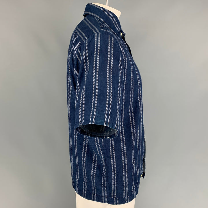 HOME RUN Size L Indigo & White Stripe Cotton Button Up Short Sleeve Shirt