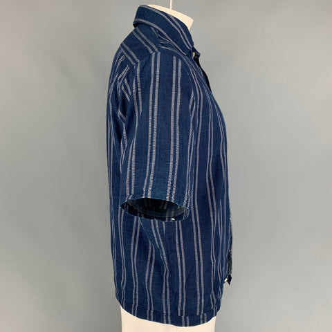 HOME RUN Size L Indigo & White Stripe Cotton Button Up Short Sleeve Shirt