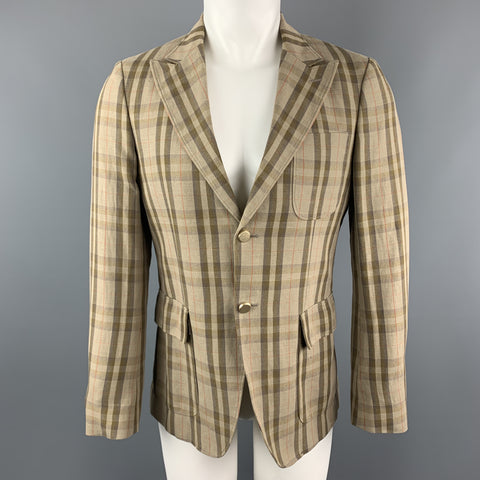 MARIO MATTEO Size 36 Tan Plaid Cotton / Flax Peak Lapel Sport Coat