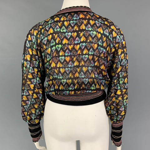 ROBERTO CAVALLI Talla 8 Top informal de manga larga con mezcla de seda y estampado de corazones multicolor