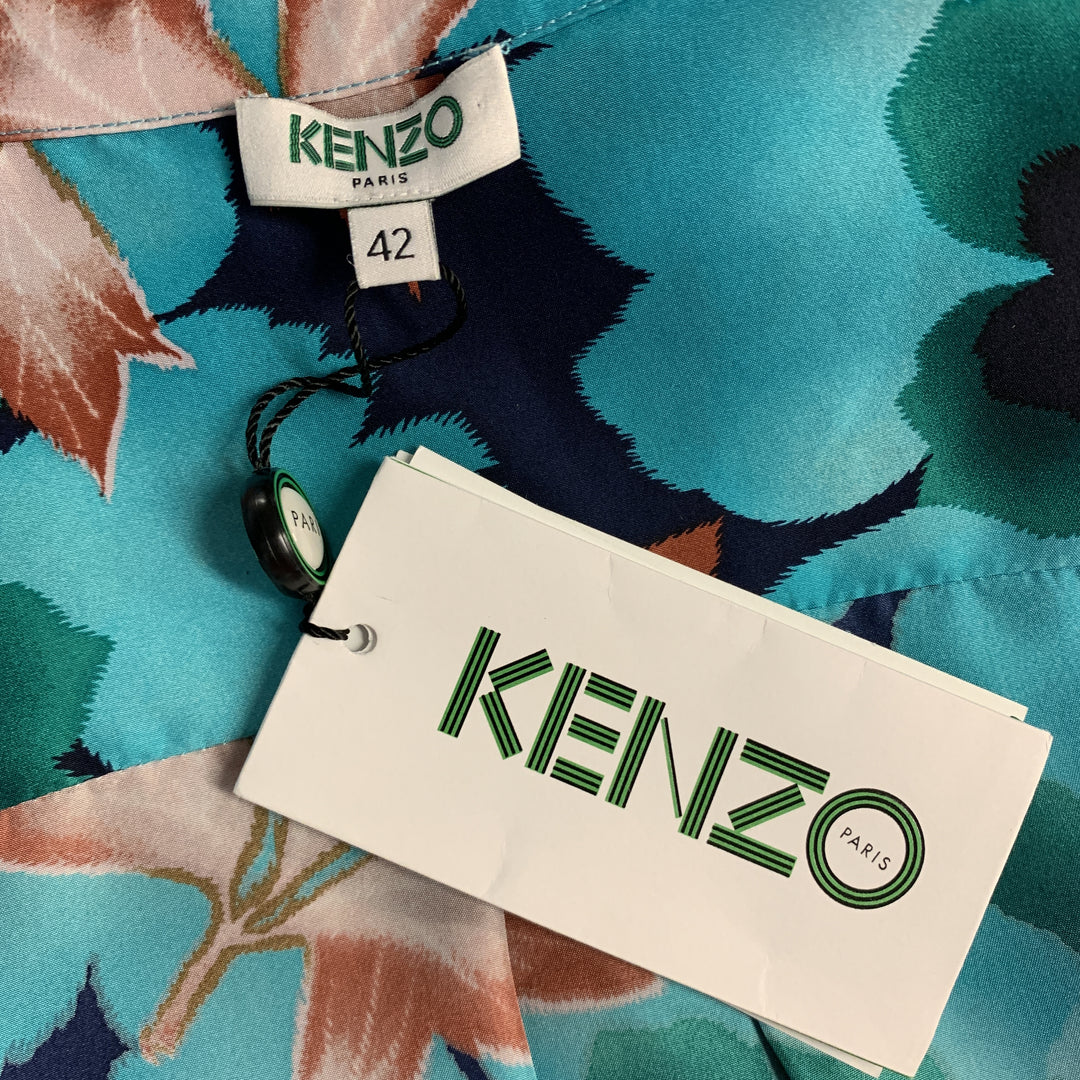 KENZO Size L Aqua Floral Leafs Silk Long Sleeve Shirt