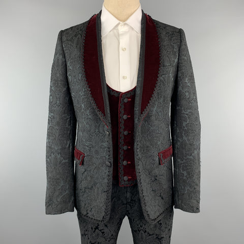 DOLCE & GABBANA 40 Black Brocade & Burgundy Velvet 3pc Suit