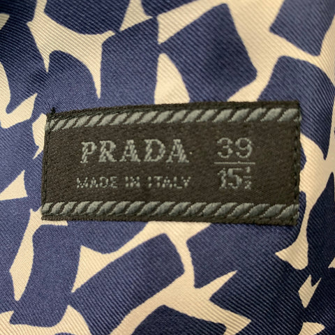 PRADA Size M Navy White Abstract Silk Long Sleeve Shirt