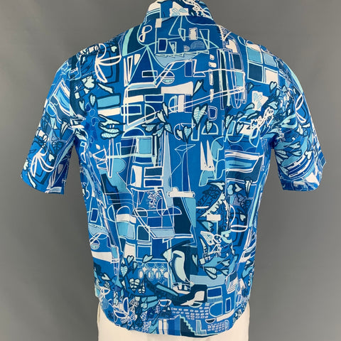 HERMES Size XL Blue White Print Cotton Zip Up Short Sleeve Shirt