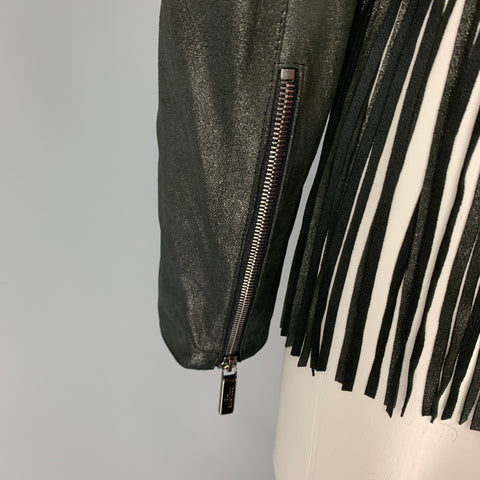 GIL SANTUCCI Size 4 Charcoal Lamb Leather Fringe Jacket