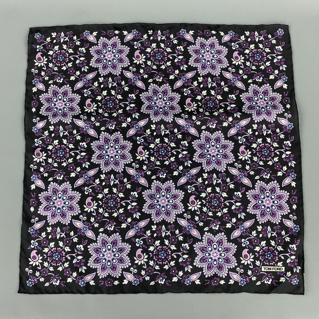 TOM FORD Black & Purple Floral Silk Pocket Square