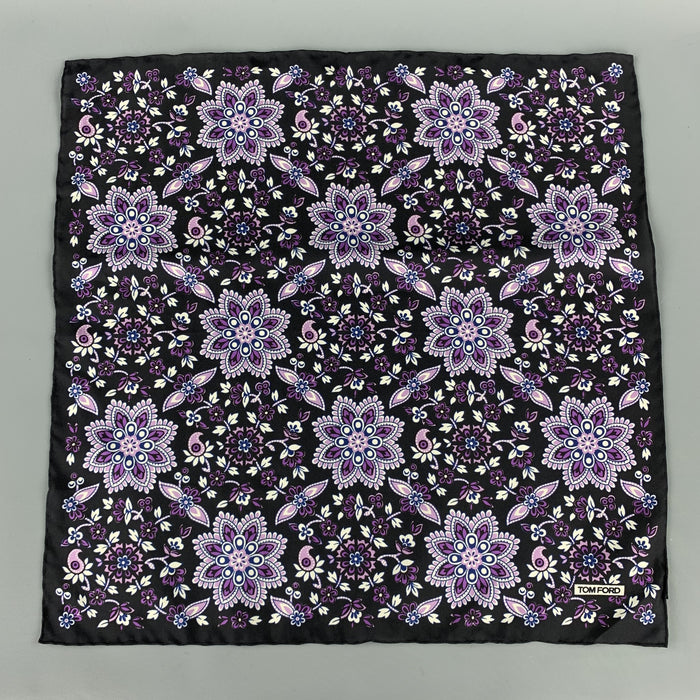 TOM FORD Black & Purple Floral Silk Pocket Square