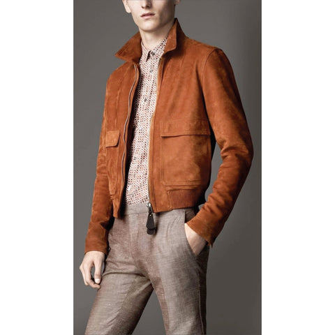 BURBERRY LONDON Chest Size 38 Brick Solid Zip Up Nubuck Leather Jacket