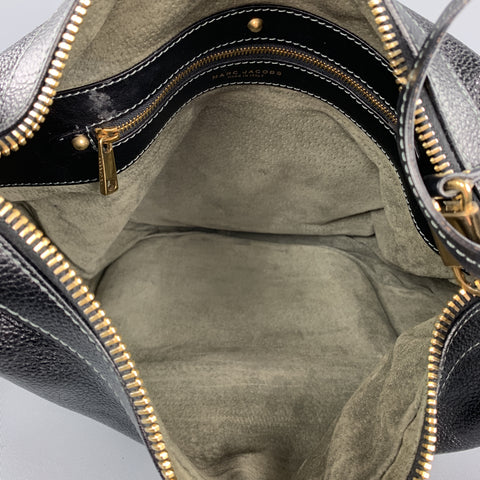 MARC JACOBS Black Leather Gold Tone Lock Zip Hobo Handbag