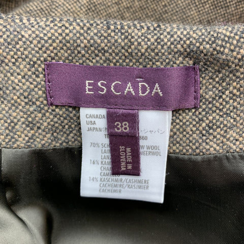 ESCADA Taille 8 Jupe ceinturée en tweed mélangé de laine vierge taupe et marron