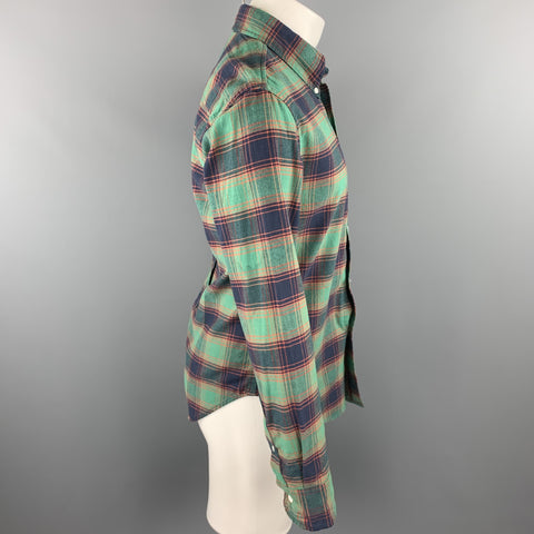 BAND OF OUTSIDERS Size S Green & Navy Plaid Cotton Button Down Long Sleeve Shirt