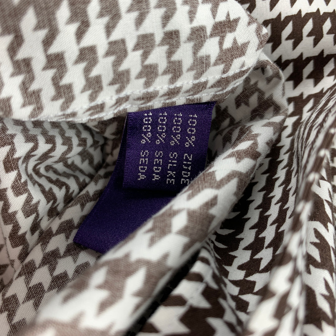 RALPH LAUREN Purple Label Talla L Camisa de manga larga con botones de algodón de pata de gallo blanca y marrón