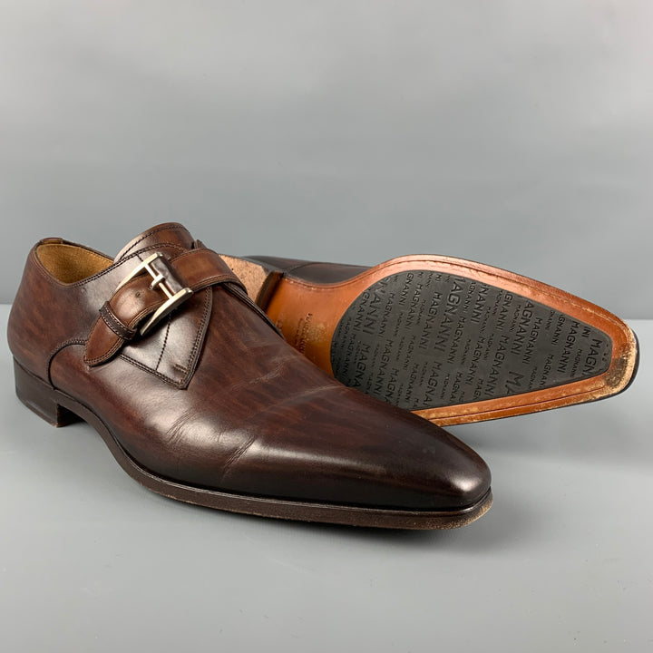 MAGNANNI Zapatos con cordones y correa tipo monje de cuero bruñido marrón talla 10