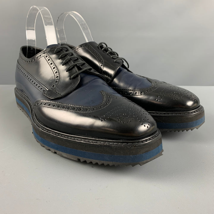 PRADA Size 11 Navy Black Perforated Leather Platform Lace Up Shoes