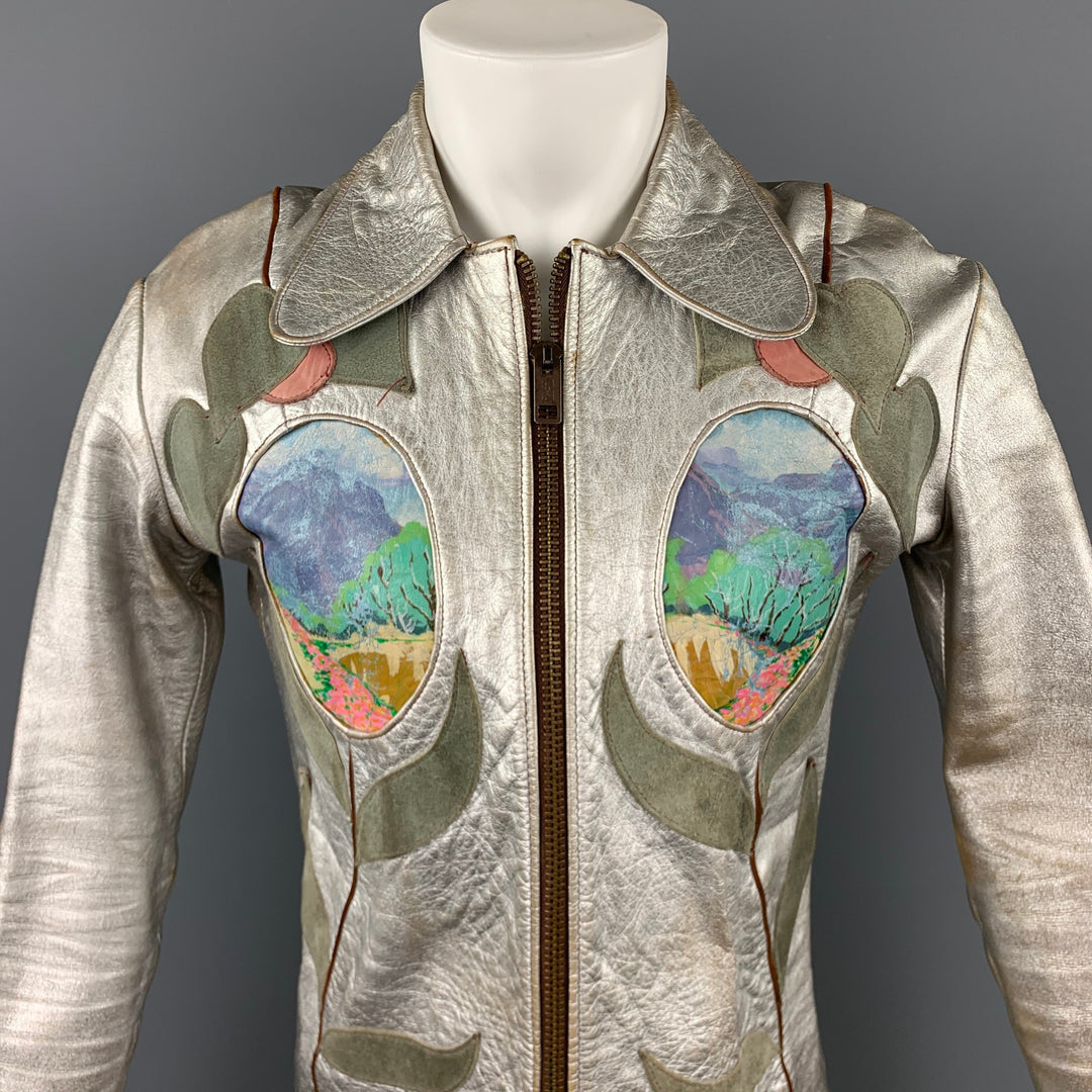 Vintage EAST WEST MUSICAL INSTRUMENTS Janti Size XL Silver Hand Painted Applique Zip Up Jacket