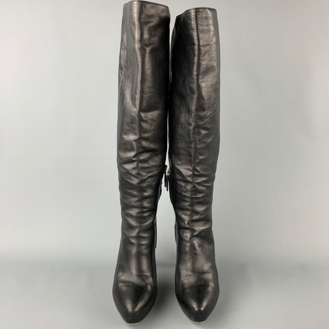 PRADA Taille 10 Bottes hautes en cuir noir