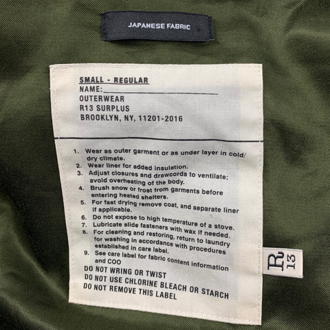 R13 Size S Khaki Olive Textured Polyester Collarless Coat