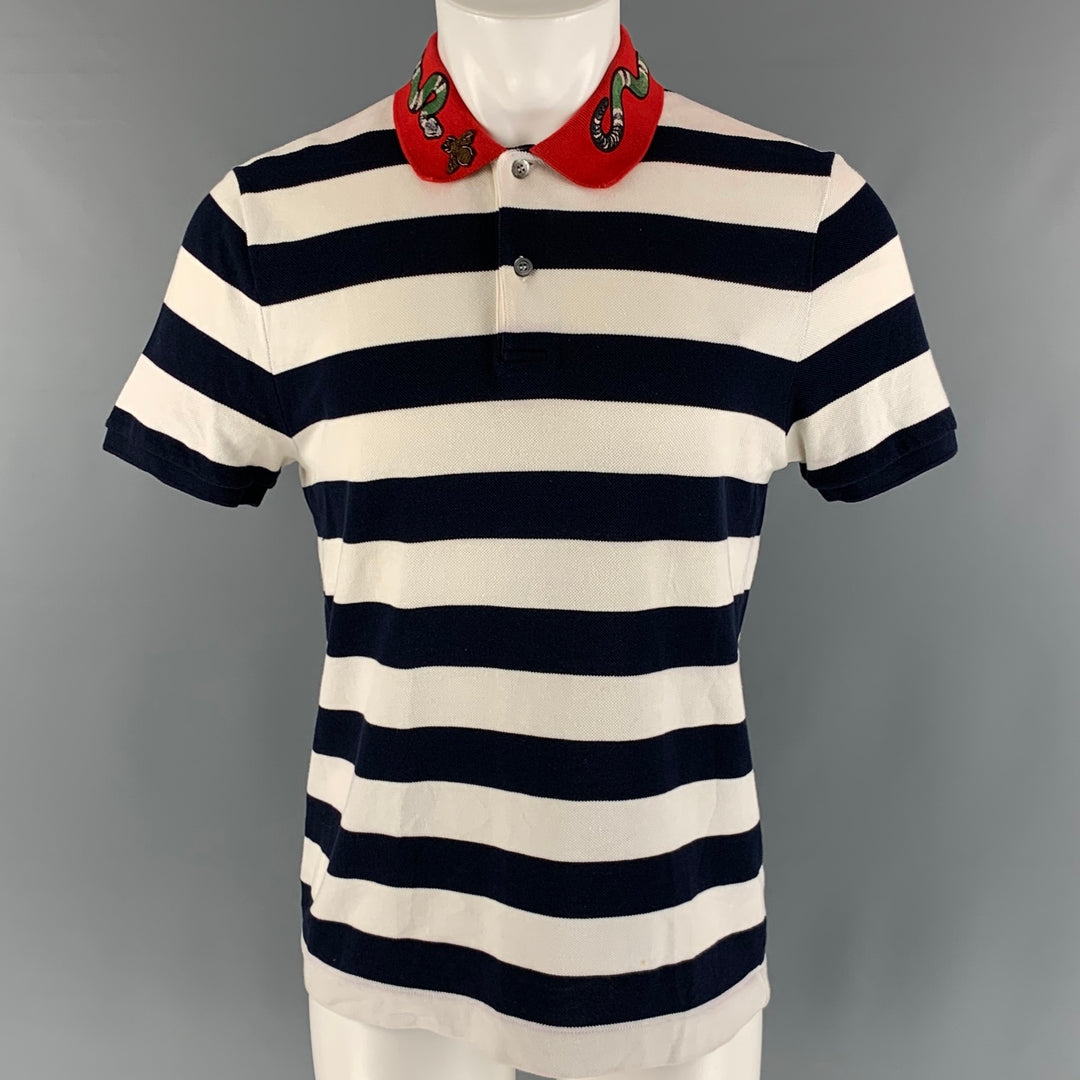 GUCCI Size M Navy White Stripe Cotton Buttoned Polo