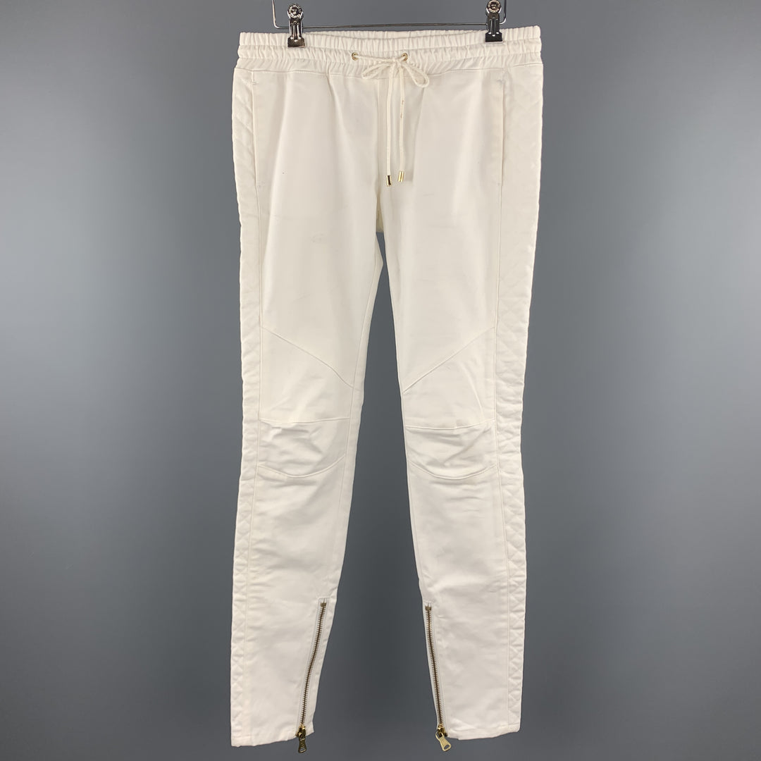 PIERRE BALMAIN Talla 27 Pantalones casuales con cordón de algodón acolchado color crema