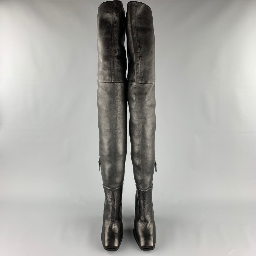 ALAIA Size 10 Black Leather Chunky Heel Boots