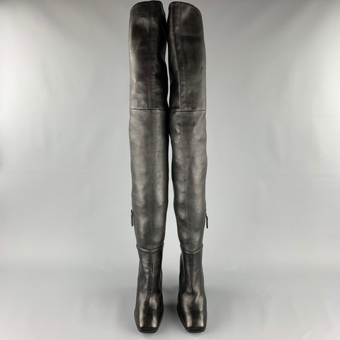 ALAIA Talla 10 Botas de tacón grueso de cuero negro