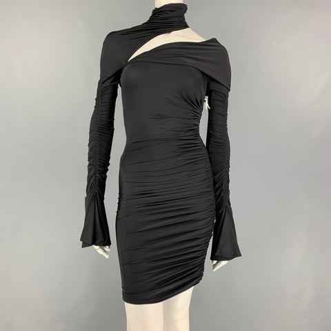 MUGLER Size 2 Black Polyamide Ruched Cut-Out Long Sleeve Dress