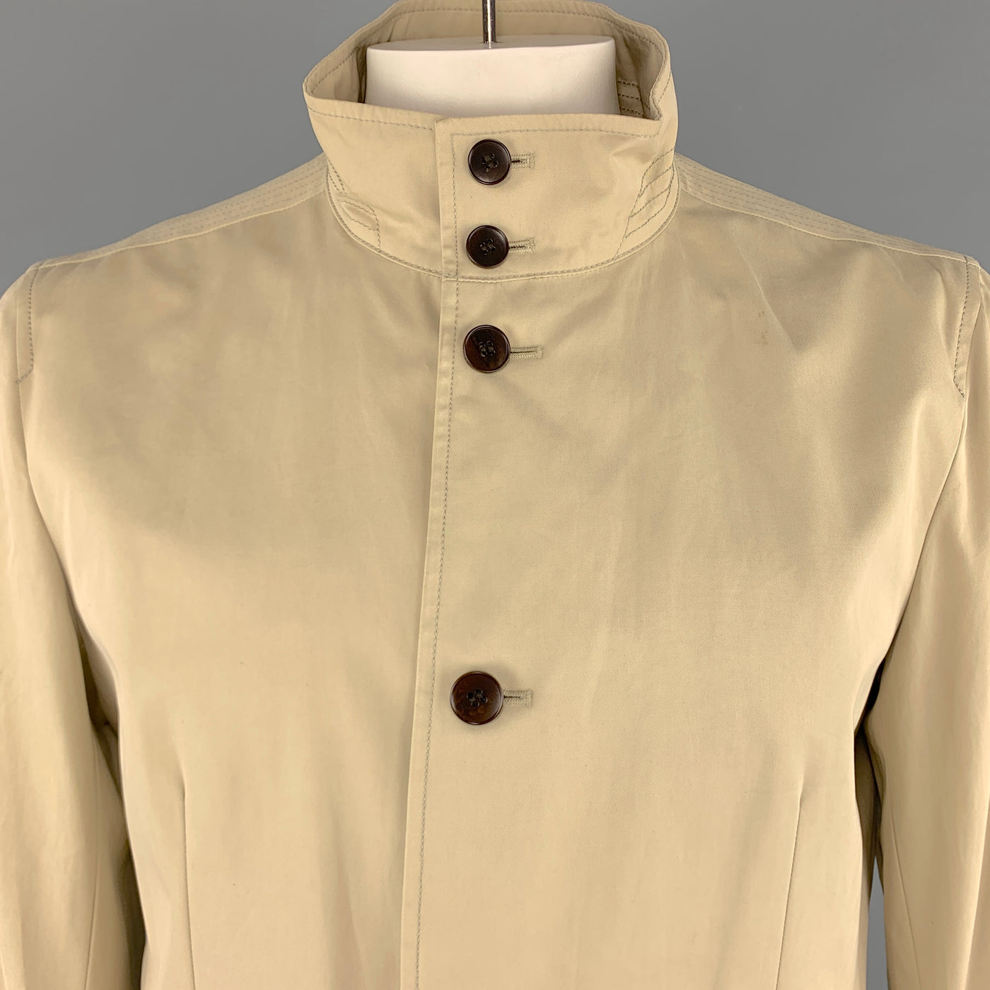 THEORY Size L Khaki Cotton High Collar Belted Cuffs Buttoned Long Jacket