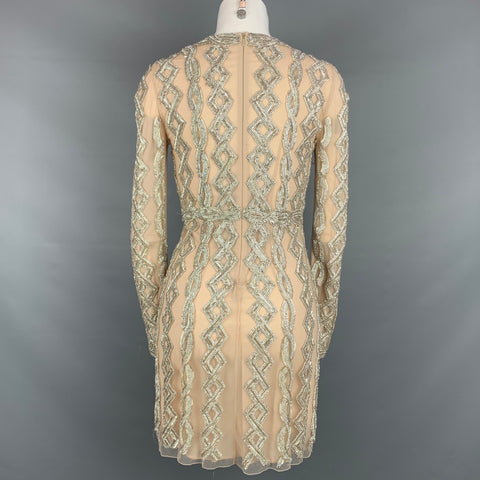 BLUMARINE Size M Nude Art deco Beaded Long Sleeve Cocktail Dress