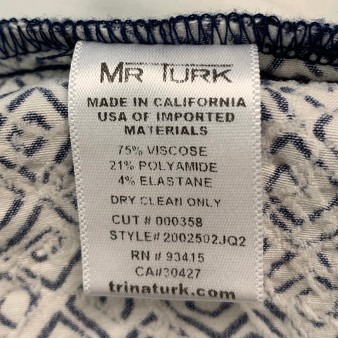MR TURK Size 31 White Navy Graphic Viscose Blend Flat Front Casual Pants