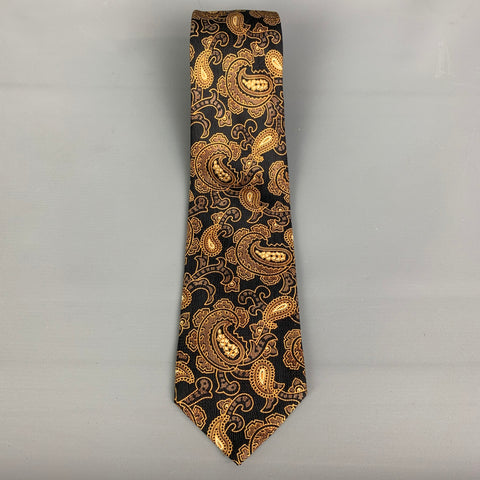 GIANFRANCO FERRE Black & Gold Paisley Print Silk Tie
