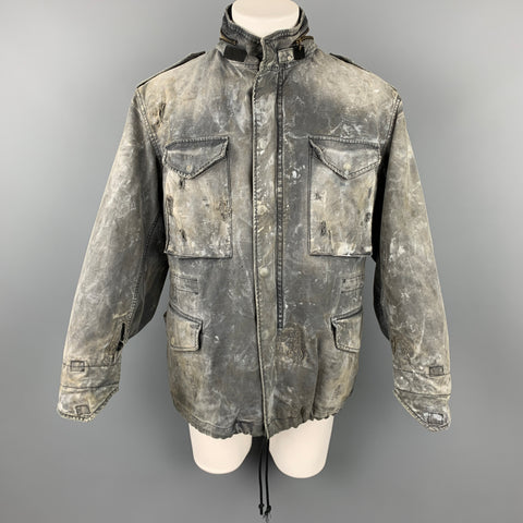 R13 Size M Gray Distressed Cotton Destroyed Military Hooded Jacket