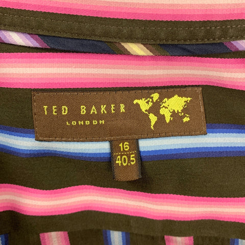 TED BAKER Size M Brown Pink Stripe Cotton French Cuff Long Sleeve Shirt