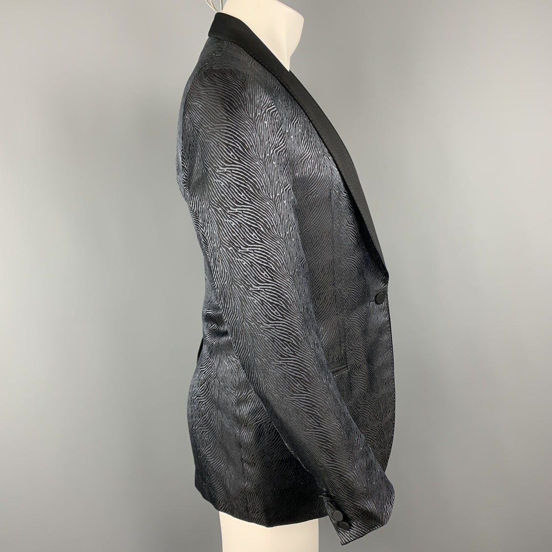 LANVIN Size 40 Black & Blue Silk Shawl Collar Sport Coat