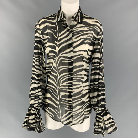 DRIES VAN NOTEN Size 2 Black & White Cotton Zebra Clavelly Cuff Blouse
