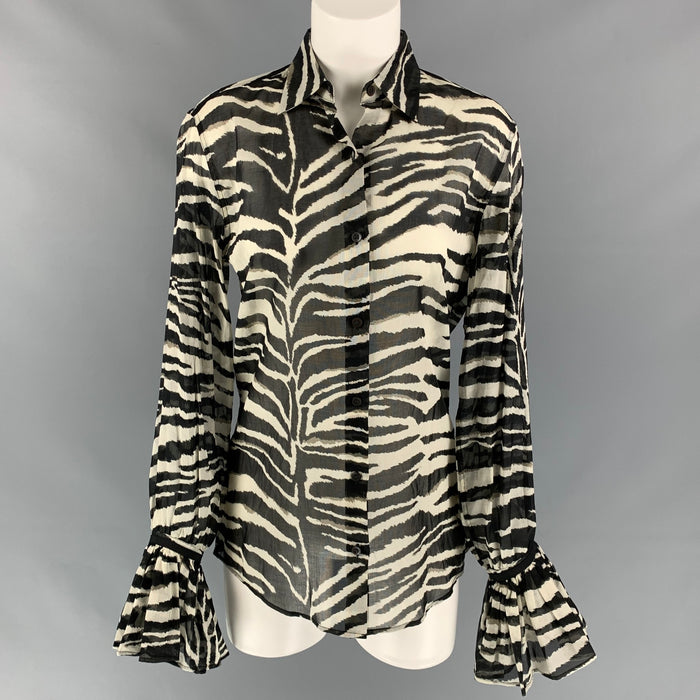 DRIES VAN NOTEN Size 2 Black & White Cotton Zebra Clavelly Cuff Blouse