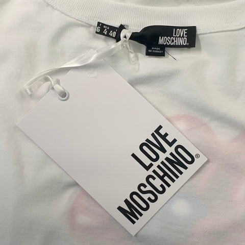 LOVE MOSCHINO Size 4 White Cotton / Elastane Fuchsia / Blue Flower Balloon Graphic T-Shirt