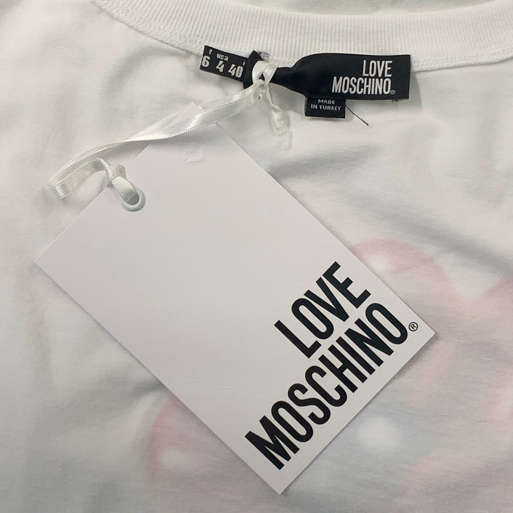 LOVE MOSCHINO Taille 4 Coton Blanc / Elasthanne Fuchsia / Ballon Fleur Bleue T-Shirt Graphique