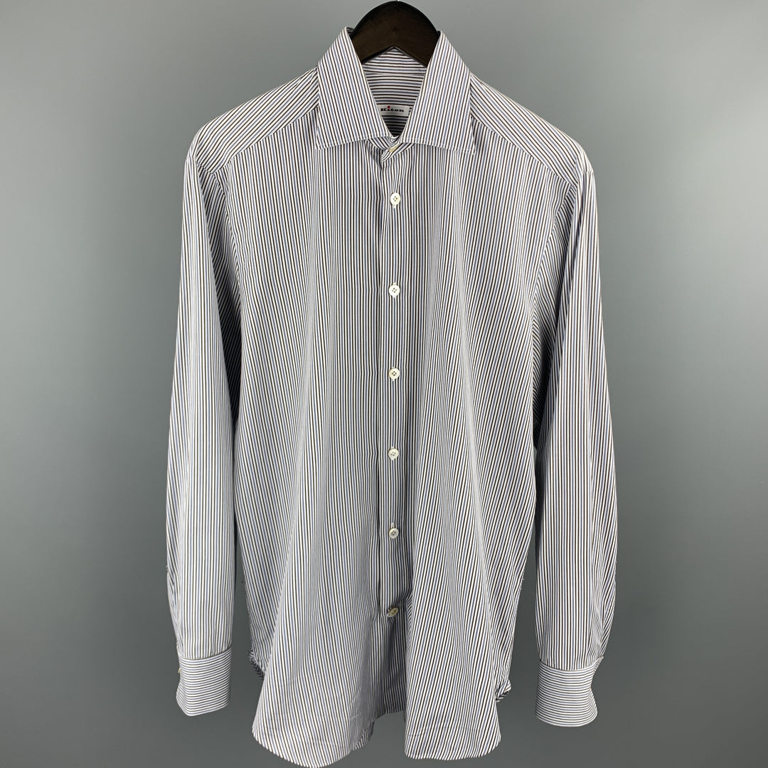 KITON Camisa de manga larga con botones de algodón a rayas marrones y azules talla S