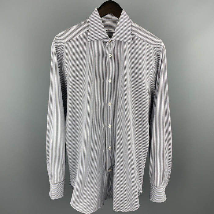 KITON Size S Brown & Blue Stripe Cotton Button Up Long Sleeve Shirt
