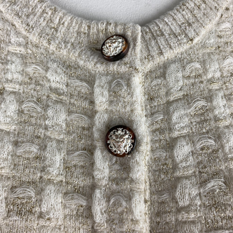 CHANEL Talla 10 Vestido de manga corta de punto con brillo metálico color crema y dorado