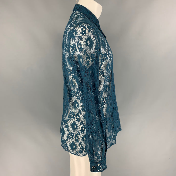 GUCCI S/S 16 Size L Teal Sheer Lace Polyamide Blend Long Sleeve Shirt
