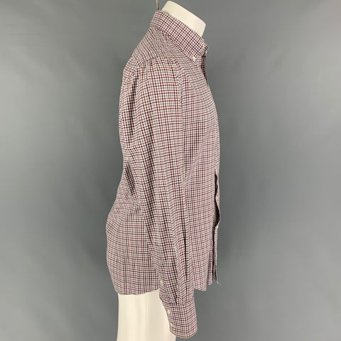 BRUNELLO CUCINELLI Size M Burgundy Brown Checkered Cotton Long Sleeve Shirt
