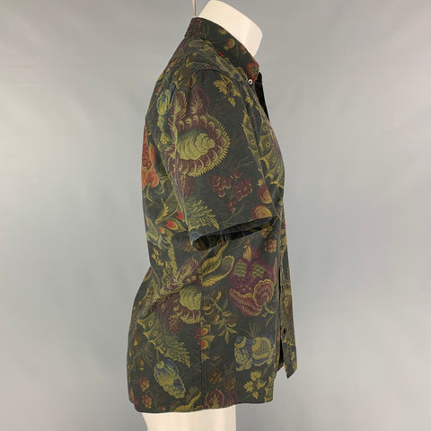 DRIES VAN NOTEN Size M Brown Olive Abstract Floral Cotton Short Sleeve Shirt