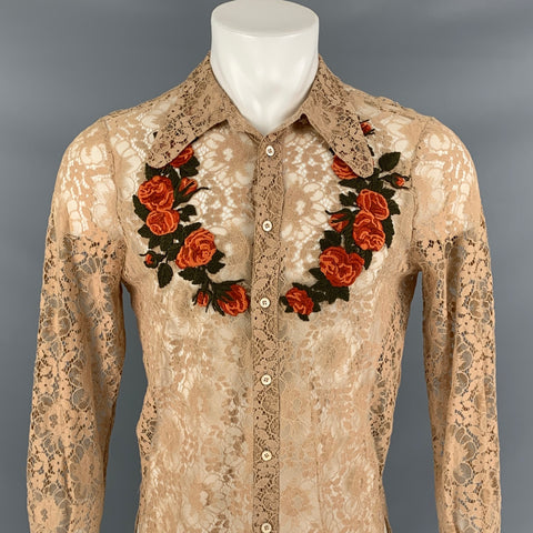 GUCCI SS 16 Size S Beige & Orange Lace Applique Polyamide Blend Button Down Long Sleeve Shirt