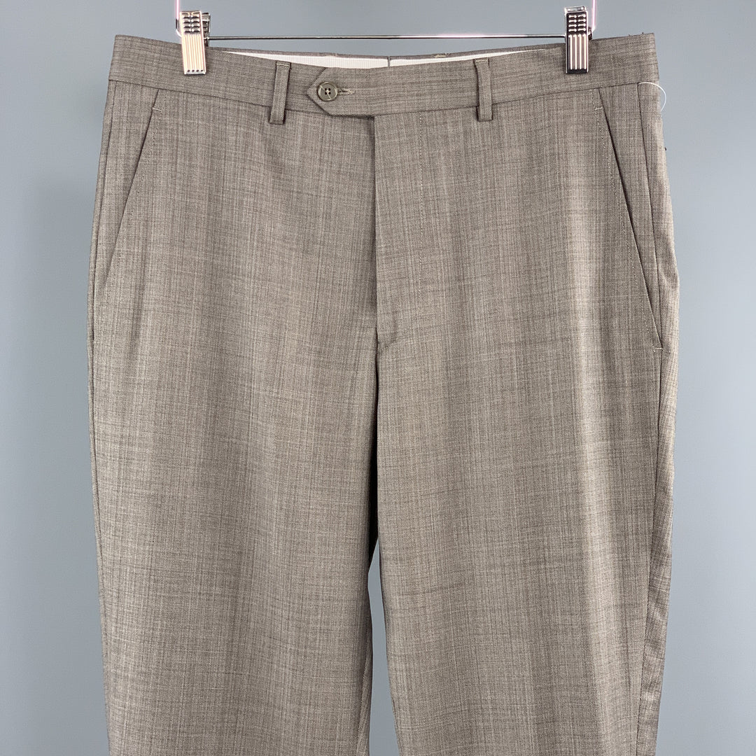 SANTORELLI Size 33 x 35 Taupe Grid Wool Zip Fly Dress Pants