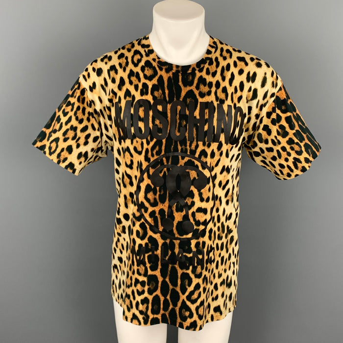 MOSCHINO COUTURE Size L Tan & Black Leopard  Print Cotton Crew-Neck T-shirt